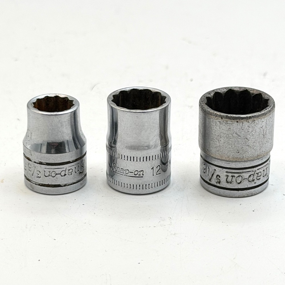Snap-on 3 Piece 12 Point Socket Set 3/8 Drive 12mm 3/8 9/16 Chrome Tools